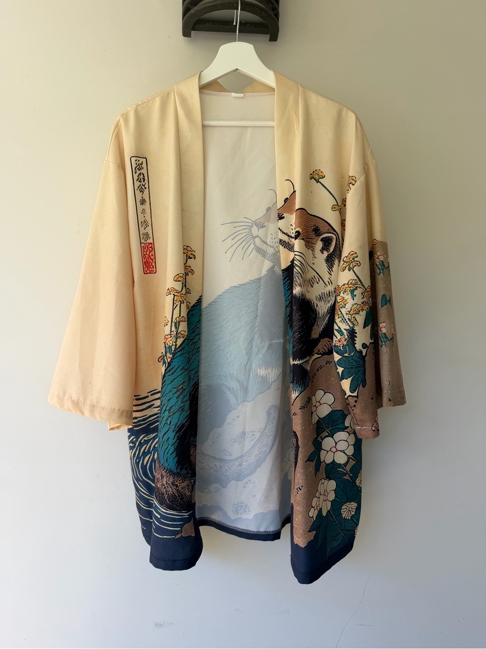 Beige Kimono Jacket with Teal & Brown Otter Motif